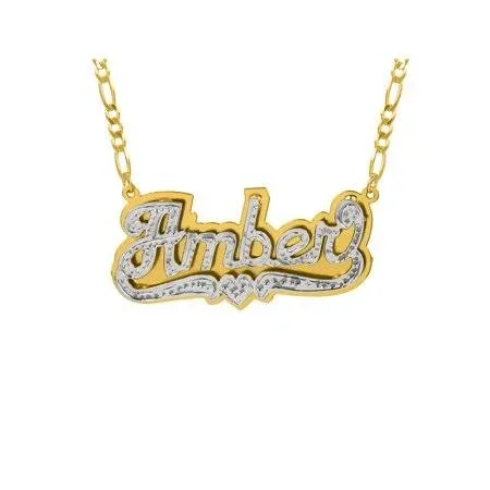 Personalized Sterling Silver or Gold Plated Double Nameplate Necklace with Beading and Rhodium, 18 inch Silver Plated Figaro Cha