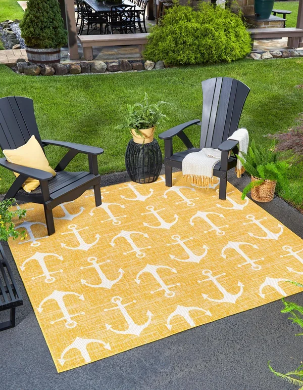Outdoor Coastal 5 ft Square Yellow Area Rug Indoor Outdoor Rug