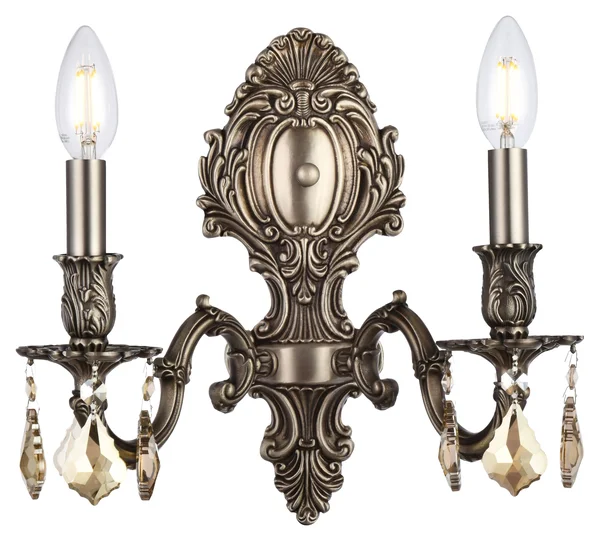 Elegant Lighting 9602W10PW-GT/RC Monarch 2 Light Pewter Wall Sconce Golden Teak (Smoky) Royal Cut Crystal