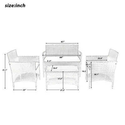 Okolona 4 Piece Rattan Sofa Seating Group with Cushions, pe Wicker Rattan Outdoor Sectional Furniture PE Rattan Sofa Set, Beige L
