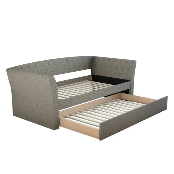 Twin Olivia Linen Tufted Day Bed and Roll Out Trundle Frame Set Gray - Eco Dream