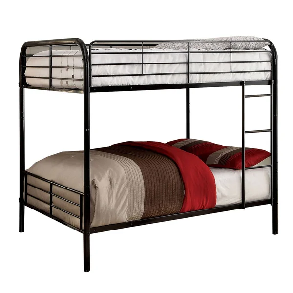 Benzara BM217482 Industrial Style Full Over Full Metal Bunk Bed with Tubular Frame Black