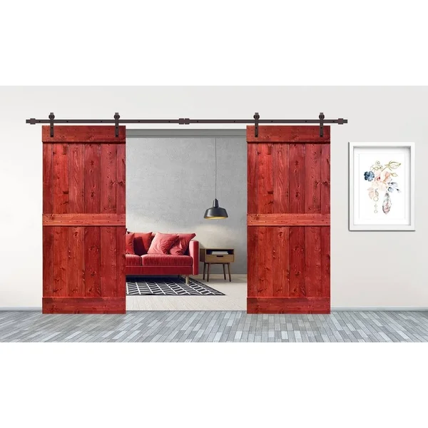 CALHOME 84 in. x 84 in. Mid-Bar Series Cherry Red Stained Solid Pine Wood Interior Double Sliding Barn Door with Hardware Kit