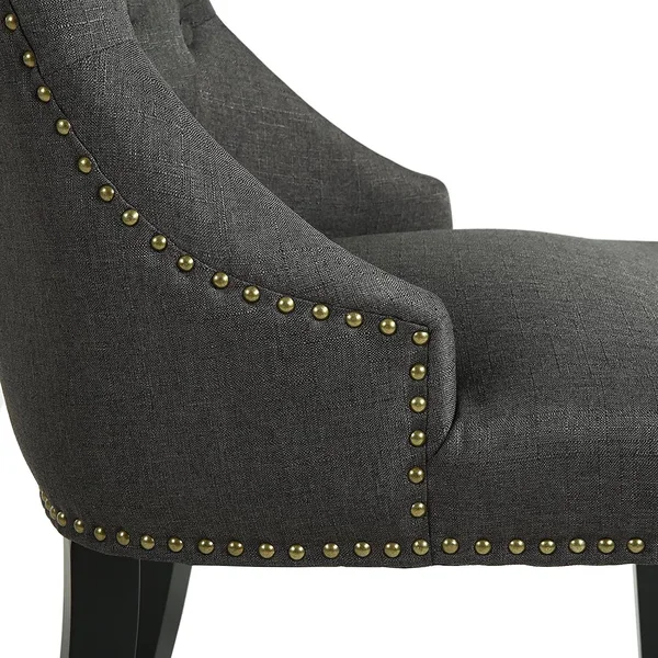 LSSBOUGHT Set of 2 Fabric Dining Chairs Leisure Padded Chairs with Black Solid Wooden Legs, Nailed Trim, Charcoal
