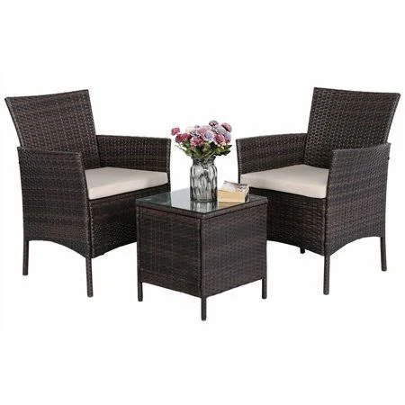 Easyfashion 3 Pieces Suit Wicker Set Rattan Chairs and Coffee Table with Beige Cushion PE