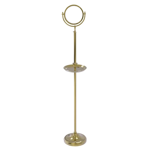 Allied Brass Floor Standing Make-Up Mirror 8-in Diameter with 2x Magnification and Shaving Tray - Unlacquered Brass