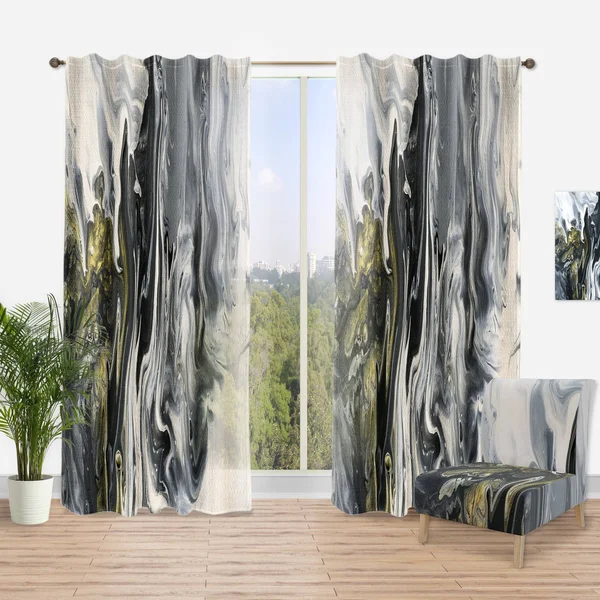 Designart &White - Grey and White Hand Painted Marble Acrylic& Mid-CenturyCurtain Panel - 52 in. Wide x 84 in. High - 1 Panel