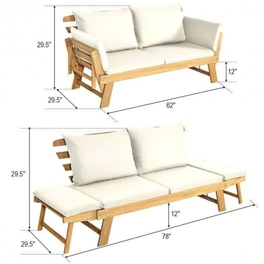 Adjustable Patio Convertible Sofa with Thick Cushion-White