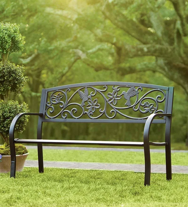 Cast Aluminum Outdoor Garden Bench with Hummingbird Design - Black