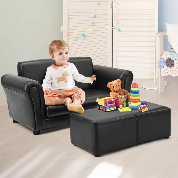 Children Sofa 2 Seat Armrest Chair Lounge with Footstool - Black