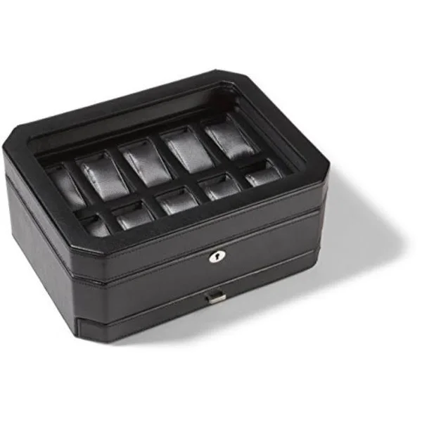 Wolf 4586029 Windsor 10 Piece Watch Box with Drawer, Black