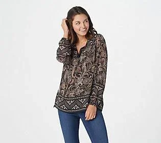Belle by Kim Gravel Boho Paisley Print Blouse, Size Small, Neutral