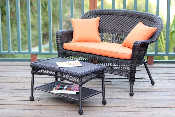 Jeco W00201-LCS016 Espresso Wicker Patio Love Seat and Coffee Table Set with Orange Cushion