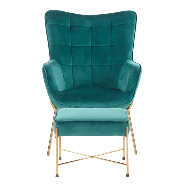 LumiSource Izzy Lounge Chair Ottoman Set Gold Metal Green Velvet