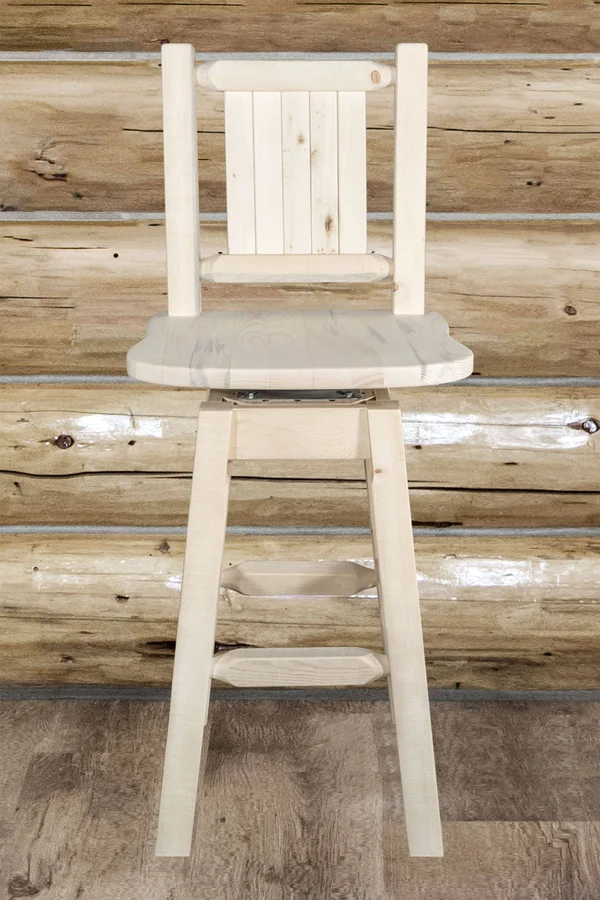 Montana Woodworks MWHCBSWSNRVLZPINE Homestead Barstool with Back & Swivel with Laser Engraved Pine Tree Design Clear Lacquer