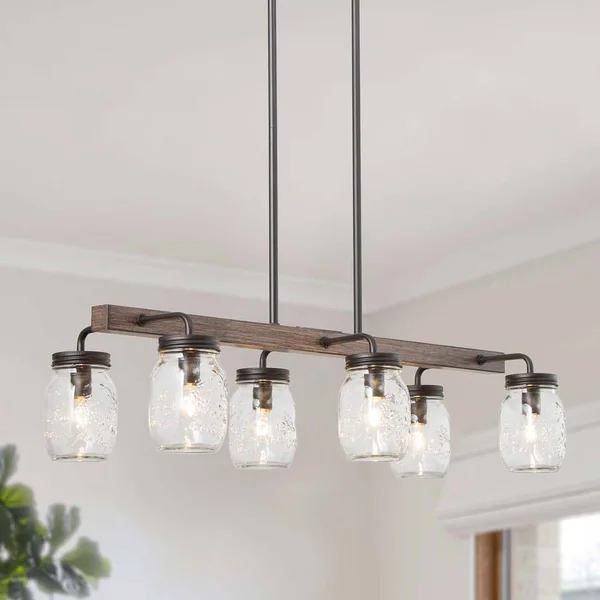 LNC Modern Farmhouse 6-Light Brown Linear Island Chandelier with Mason Jar Seeded Glass Shades and Faux Wood Accents