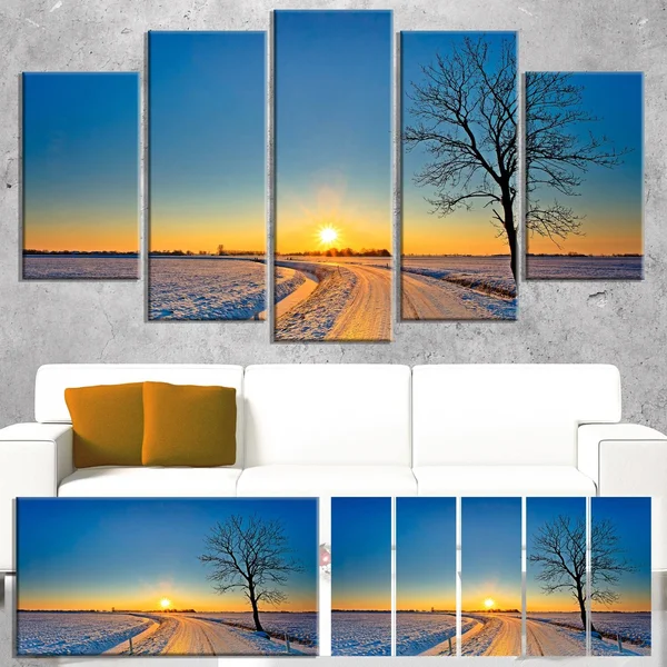 Design Art Distant Sunset in Winter - Landscape Photography Canvas Print - Yellow, 60 in. Wide x 32 in. High - 5 Panels Diamond