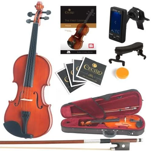 Mendini Size 3/4 MV200 Solid Wood Violin with Tuner, Lesson Book, Shoulder Rest, Extra Strings, Bow and Case, Natural Varnish Fi
