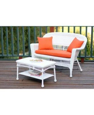 Jeco W00201-LCS016 Espresso Wicker Patio Love Seat and Coffee Table Set with Orange Cushion