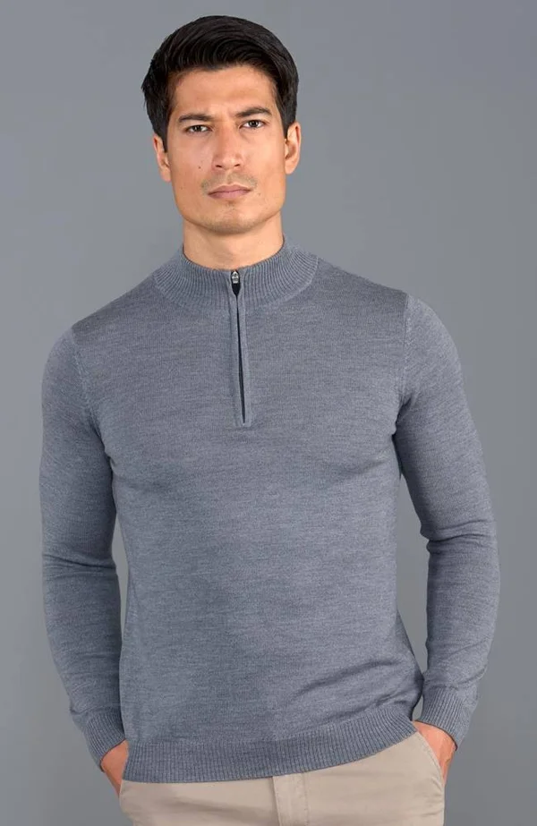 Mens Extra Fine Merino Wool Quarter Zip Jumper - Mid Grey, XL