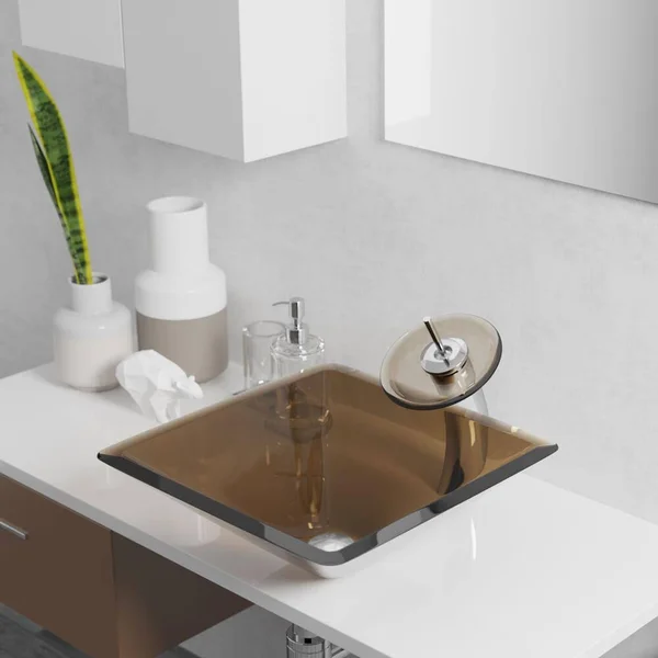 Rene R5-5003-CAS-R9-7006 16-1/2x22 Glass Vessel Bathroom Sink with Vessel Faucet Cashmere, Brushed