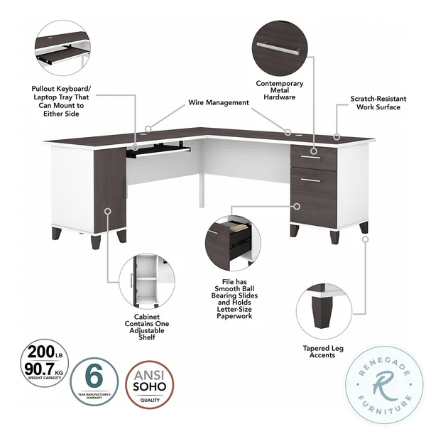 Bush Somerset 72x22 L-Shaped Desk in Storm Gray and White