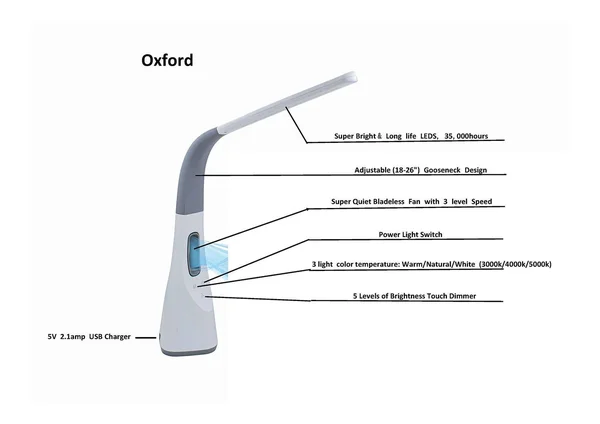 Artiva USA LED811108WFU Oxford Adjustable LED Desk Lamp with Bladeless Fan & USB Charger, White/Gray