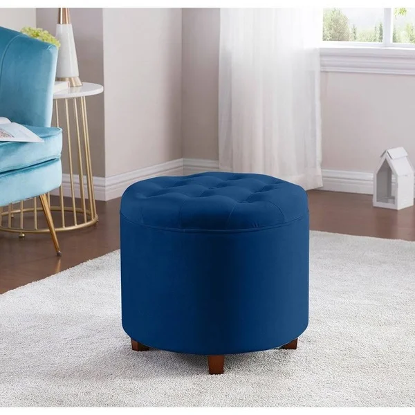 Oh Donovan Tufted Velvet Round Storage Ottoman - Navy