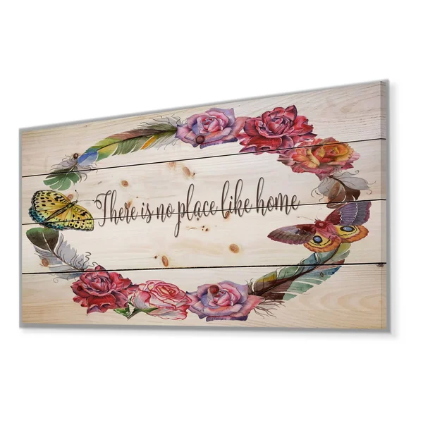 Designart 'There Is No Place Like Home. Floral' Textual Entrance Art on Wood Wall Art - Multi-Color - 40 in. Wide x 20 in. High