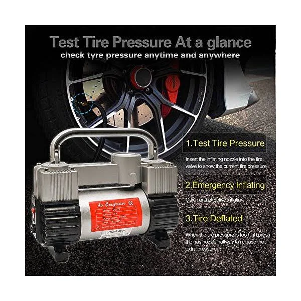 GSPSCN Silver Tire Inflator Heavy Duty Double Cylinders with Portable Bag, Metal 12V Air Compressor Pump 150PSI with Adapter for