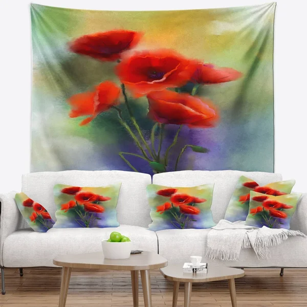 Designart 'Watercolor Red Poppy Flowers Painting' Floral Wall Tapestry - 80 in. x 68 in.