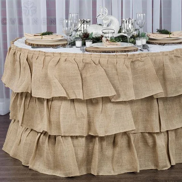Three Tier Ruffled Burlap Table Skirt in Natural Size: 14 ft, Wedding, Event, Wholesale by CV Linens