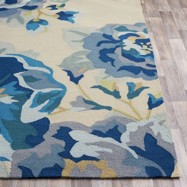 Modern BHS-0057099 Hooked Poly Blue Outdoor Floral Door Mat - 3' x 5'