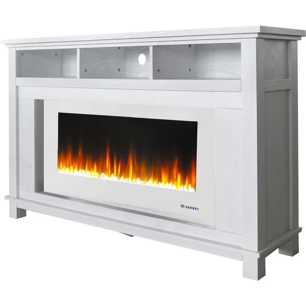 Cambridge San Jose Fireplace Entertainment Stand in White with 50 inch Color-Changing Fireplace Insert and Crystal Rock Display