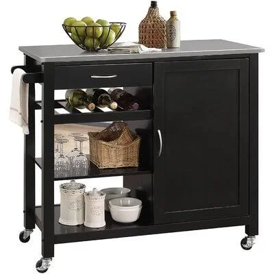Kenyin Stainless Steel & Black Ottawa Bar Cart Latitude Run Frame Color: Black - Top Color: Black