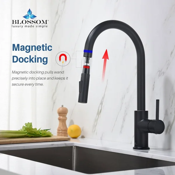 Lead Free Solid Brass Single Handle Pull Out Kitchen Faucet with Magnetic Docking - Brush Nickel w/ Soap Dispenser