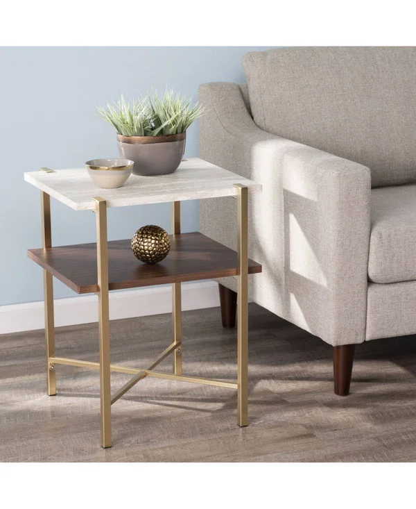 Southern Enterprises Valera Square Faux Marble End Table with Storage - White