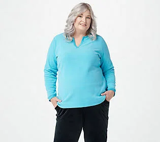 Denim & Co. Essentials Split V-Neck ChenilleFleece Top - Size 2X, Ocean Blue