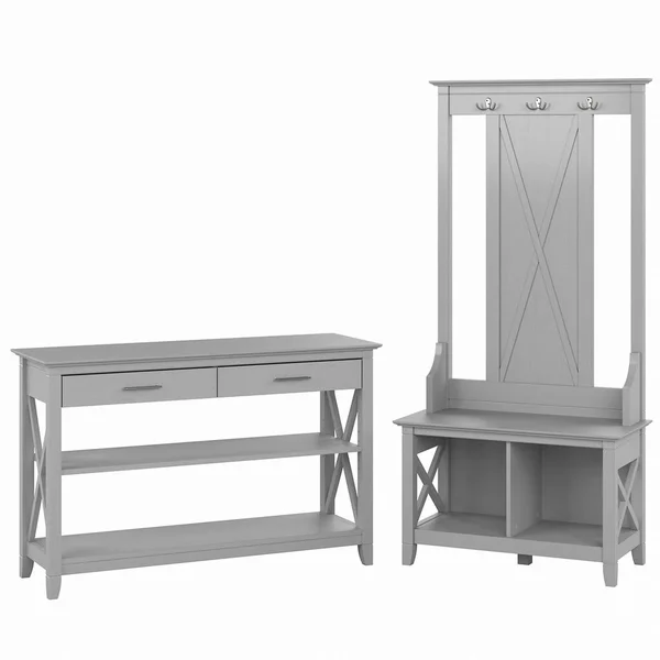 Bush Furniture - Key West Entryway Storage Set with Hall Tree - Shoe Bench and Console Table in Cape Cod Gray - KWS056CG