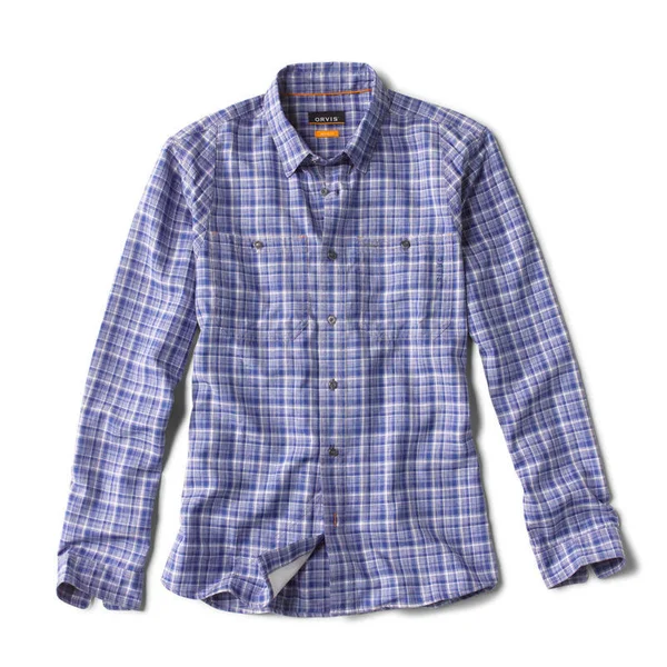 Men's Tech Chambray Work Shirt, Cobalt Plaid, Size Small, Synthetic, Orvis