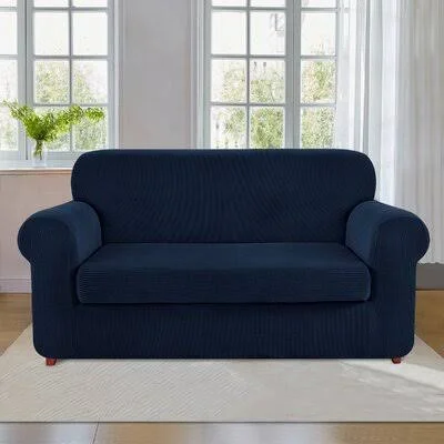 Billyjack Grid Stretchy Soft Box Cushion Sofa Slipcover Latitude Run Fabric: Navy Polyester Blend