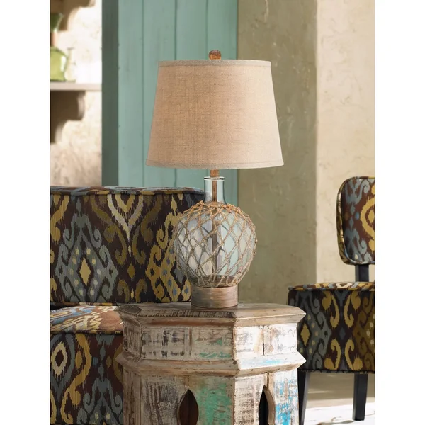 360 Lighting Nautical Table Lamp Clear Glass Rope Net Burlap Drum Shade for Living Room Family Bedroom Bedside Nightstand