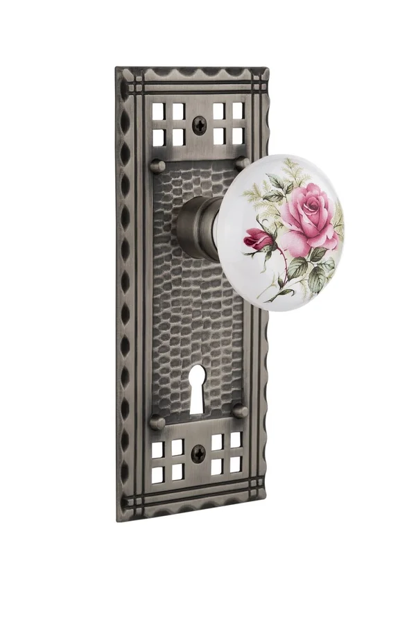 Nostalgic Warehouse 718051 Craftsman Plate with Keyhole Privacy White Rose Porcelain Door Knob - Antique Pewter