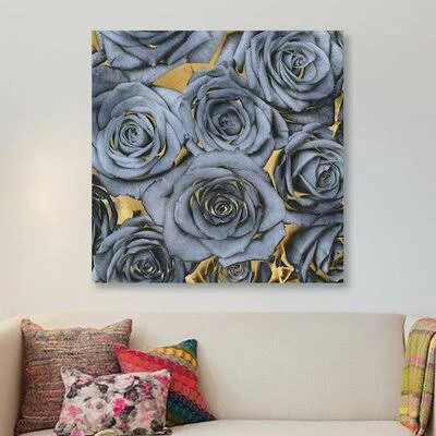 &Roses - Blue on Gold& Graphic Art Print on Canvas House of Hampton Size: 12x22 H x 12x22 W x 0.75x22 D