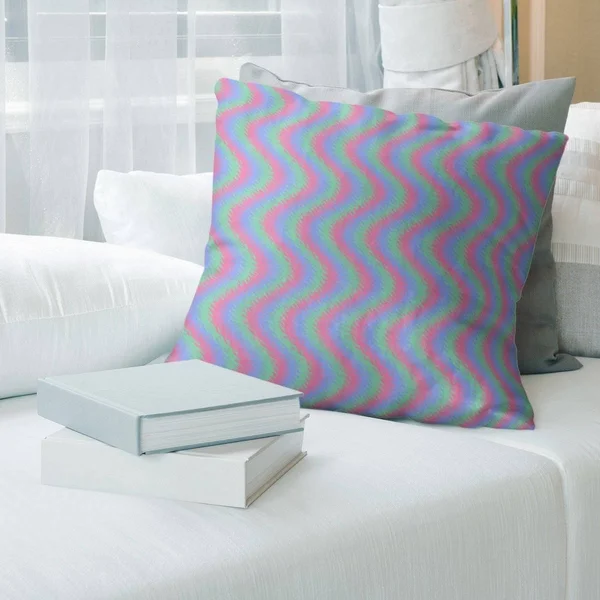 Wavy Stripes Throw Pillow - 14 x 14 - Pink Green & Blue - Faux Suede