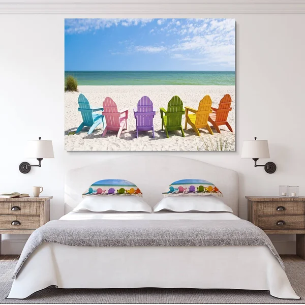 Designart &Adirondack Beach Chairs & Seashore Photo Canvas Art Print, Size: 40 inch x 20 inch, Blue