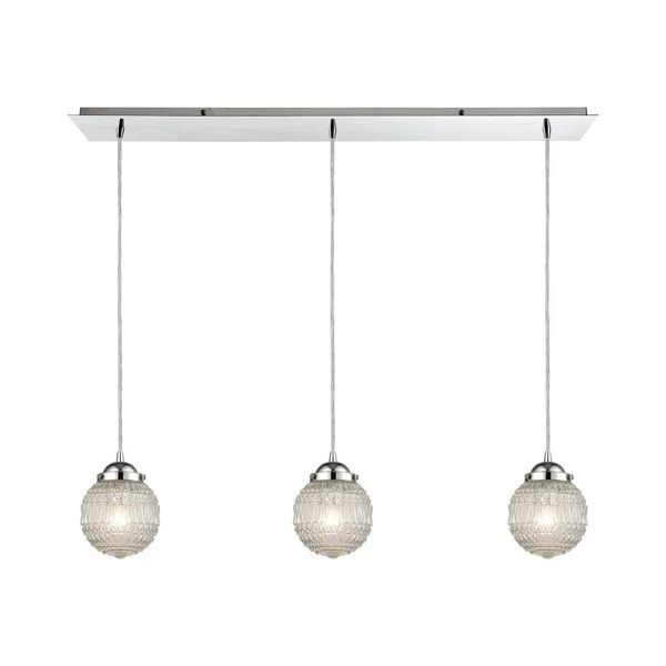 Round Globe Linear Pendant Light - Three Light Linear Mini Pendant with Clear Patterned Glass Globes, Silver
