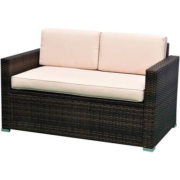 Outsunny 4-Piece Cushioned Patio Furniture Set - with 2 Chairs, Sectional, and Glass Coffee Table, Rattan Wicker, Brown