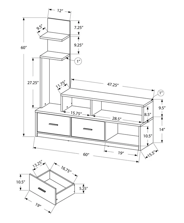 Monarch Specialties 60x22 TV Stand with Display Tower-Grey