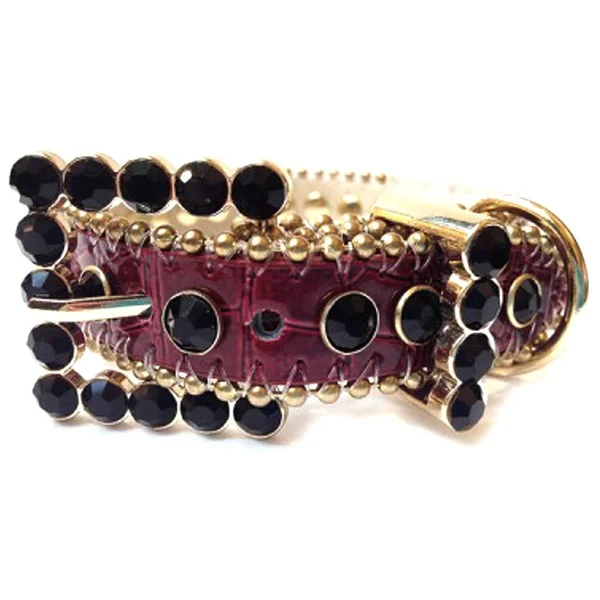Crazy4Bling Red Leather Dog Collar with A Row of High Quality Black Rhinestones, Size Xs